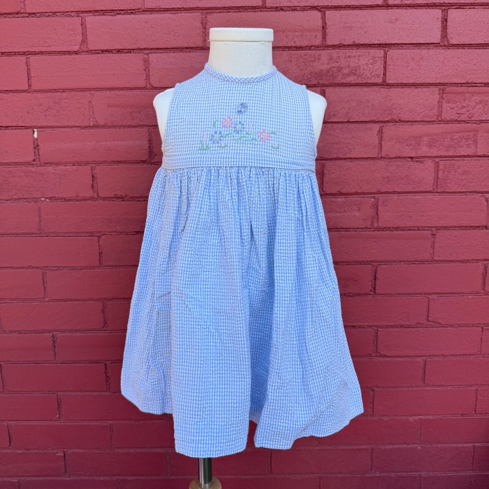 Sophie Dess Blue Gingham Embroidered Flower Dress Baby 18 Months Cotton